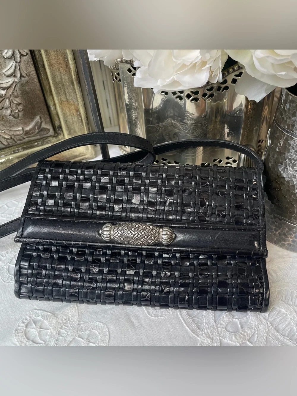 Brighton black leather woven crossbody wallet